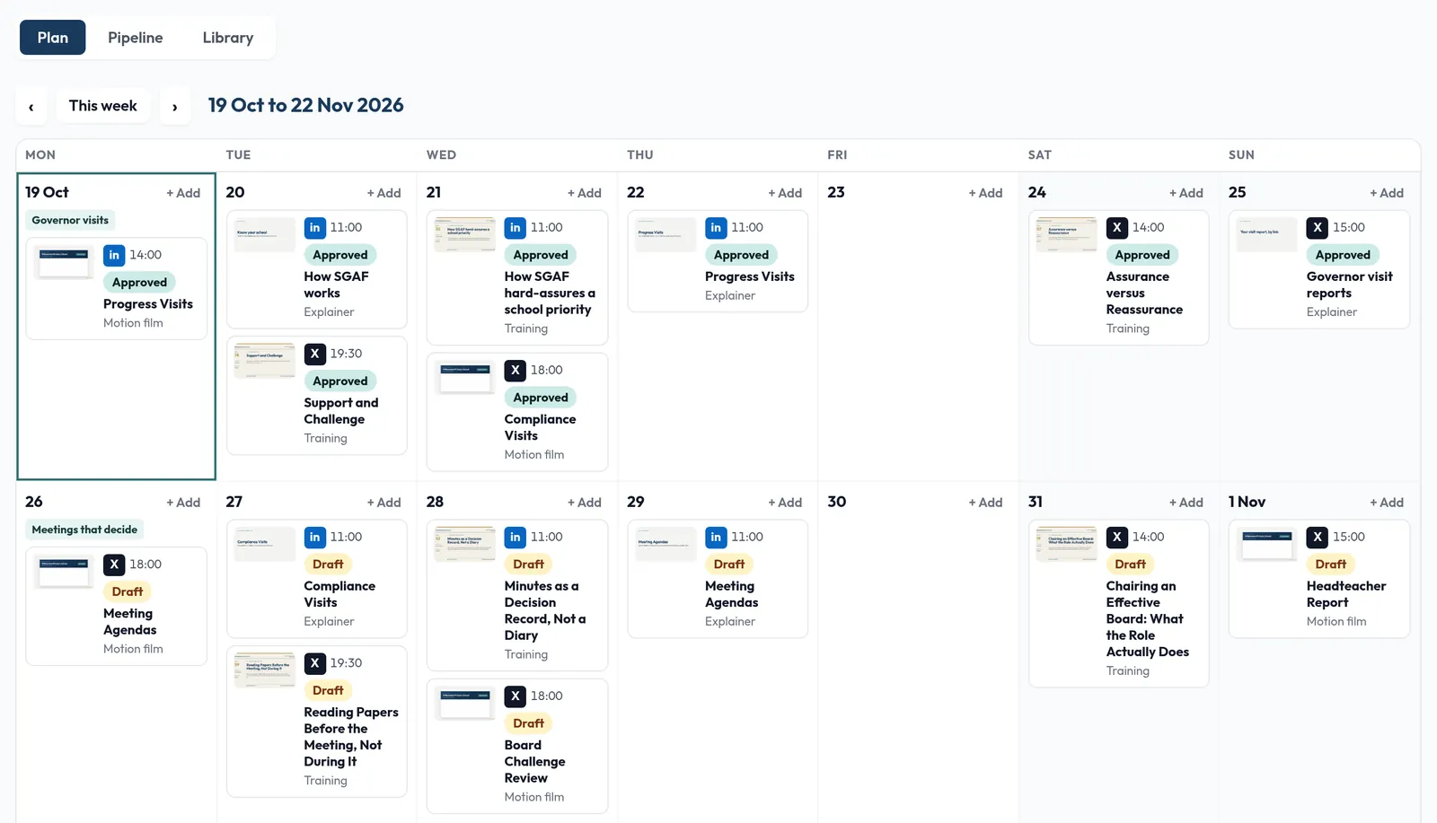 The Social tab in the CRM: a two-week calendar of X and LinkedIn posts, each with a thumbnail, time and Approved or Draft status, and a theme on each Monday.