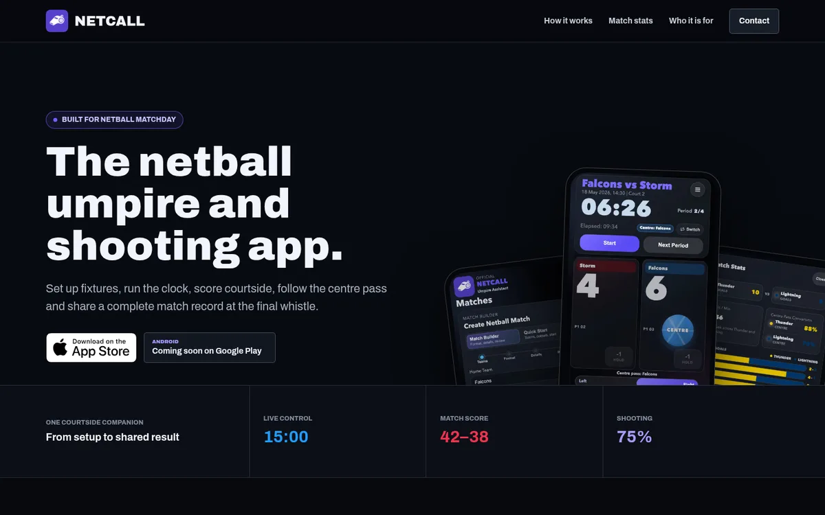 The NetCall site: the netball umpire and shooting app, with the live match screen.
