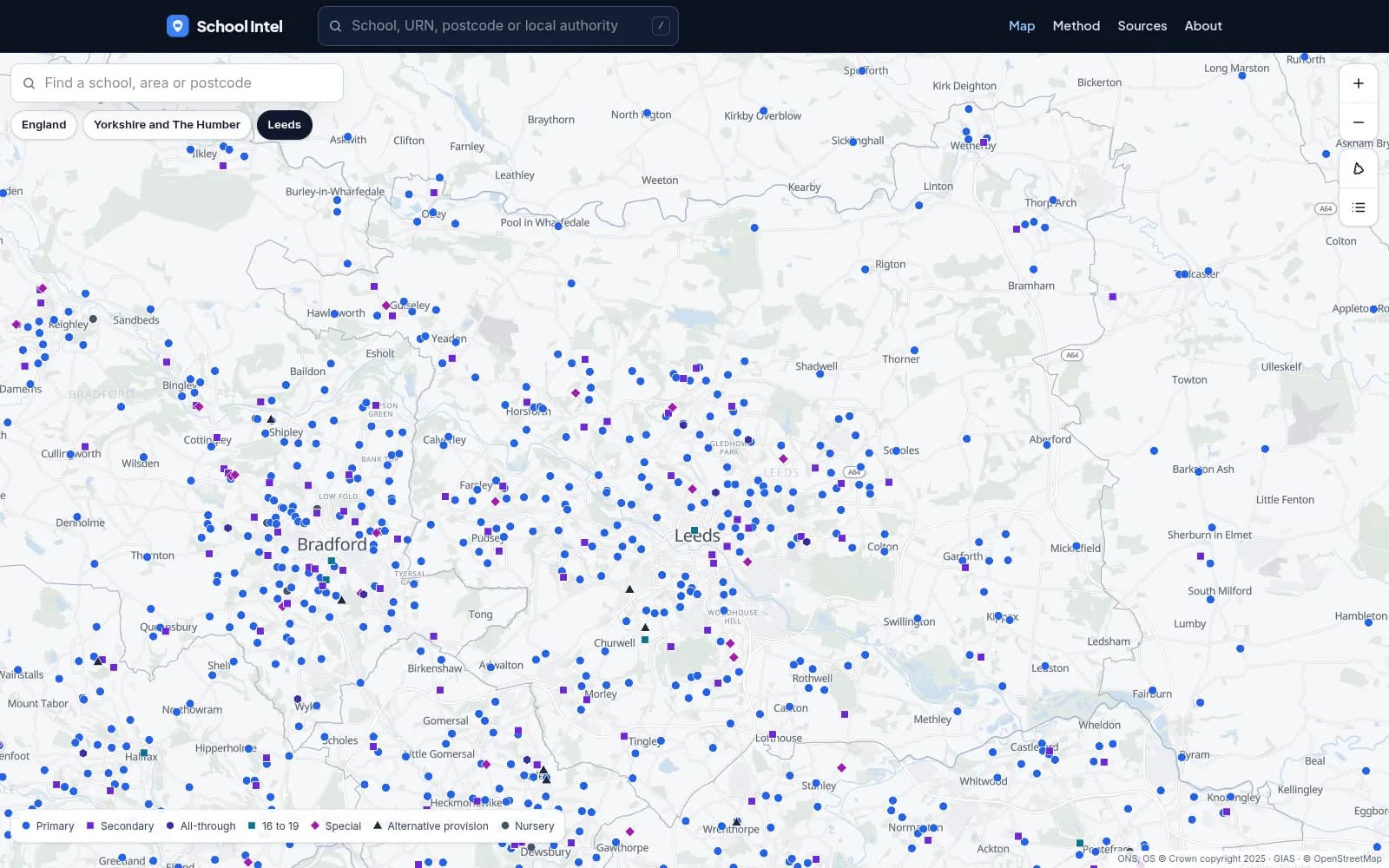 The School Intel map over Leeds and Bradford: every state-funded school as a marker shaped and coloured by phase, over a light street map, with a legend.