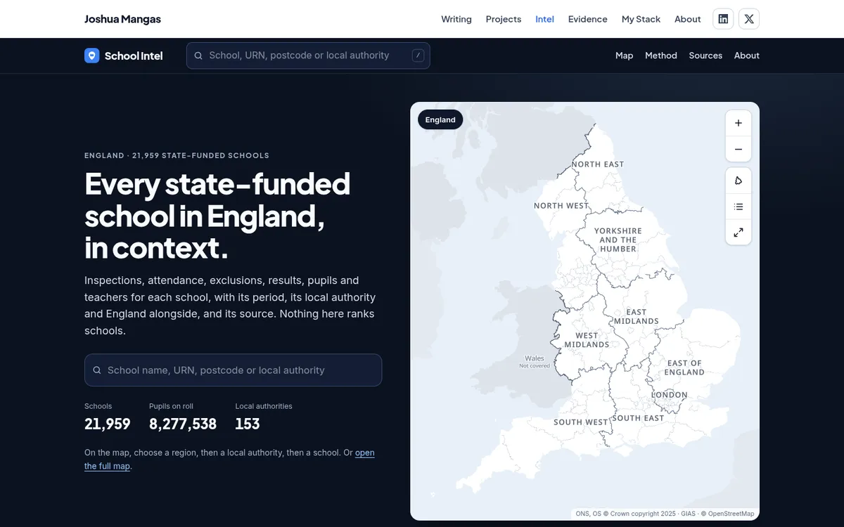 The School Intel front page: a search box, England's totals and a map of England's 153 local authorities.