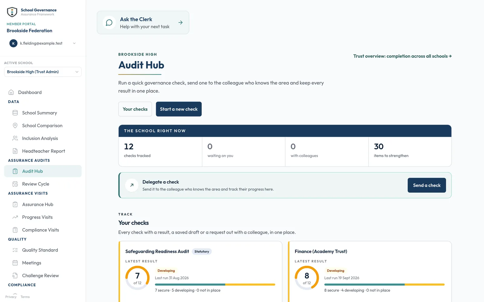 Audit Hub in the SGAF portal: checks tracked and items to strengthen, a strip for sending a check to a colleague, and cards with each check's latest score, beside the portal navigation.