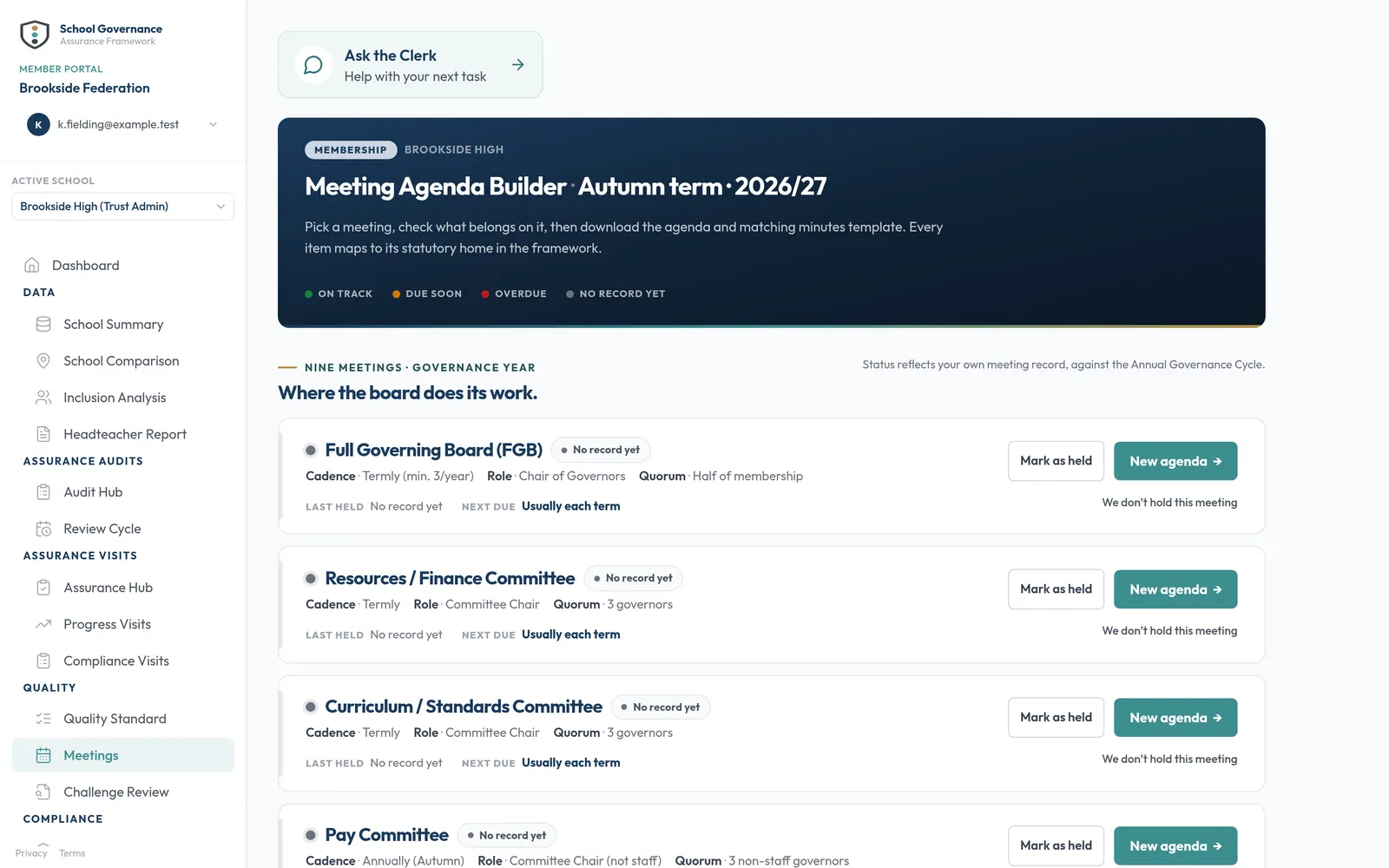 The Meeting Agenda Builder: the board's year as a list of meetings, each with its cadence, chair, quorum and a New agenda button.