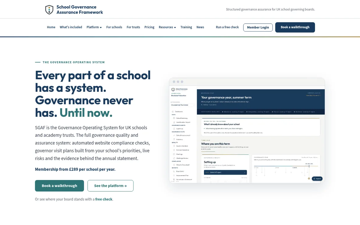 The SGAF homepage: every part of a school has a system, governance never has, until now.