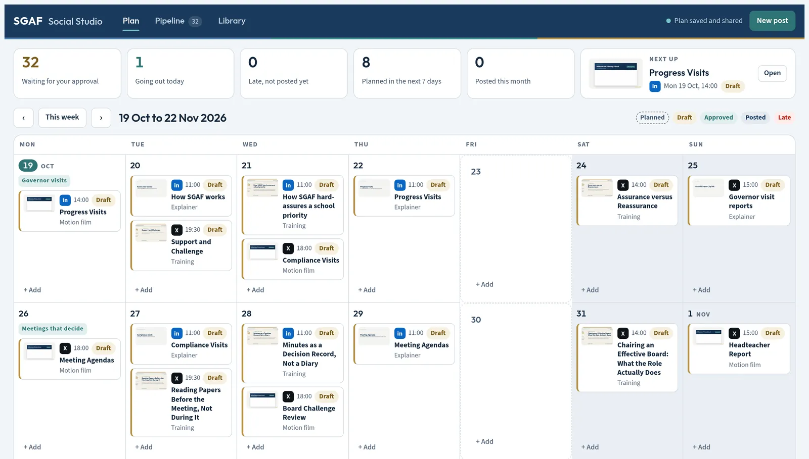 The first Social Studio, a standalone page: counts of posts waiting for approval and going out today, and a calendar of drafted X and LinkedIn posts.