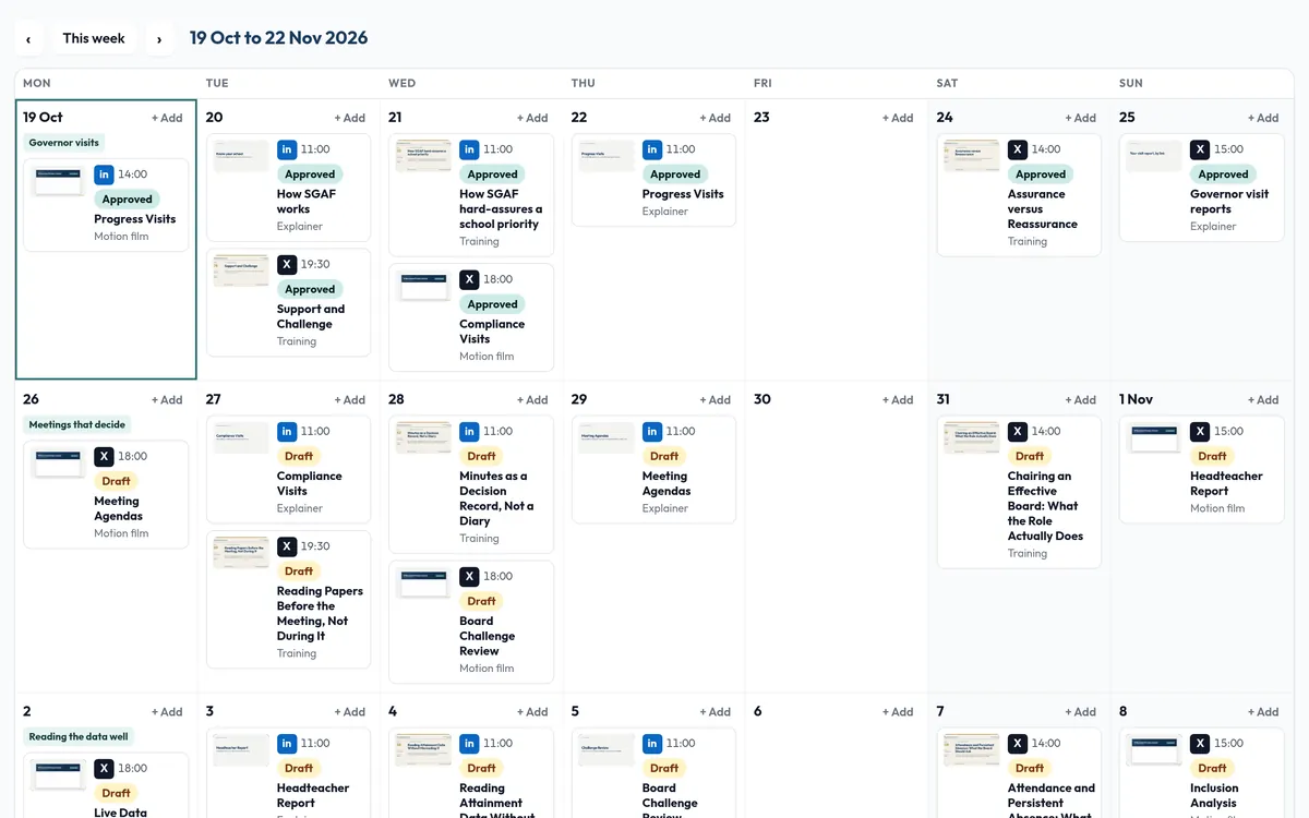 The Social tab in the CRM: a calendar of X and LinkedIn posts with week themes, times and Approved or Draft status.